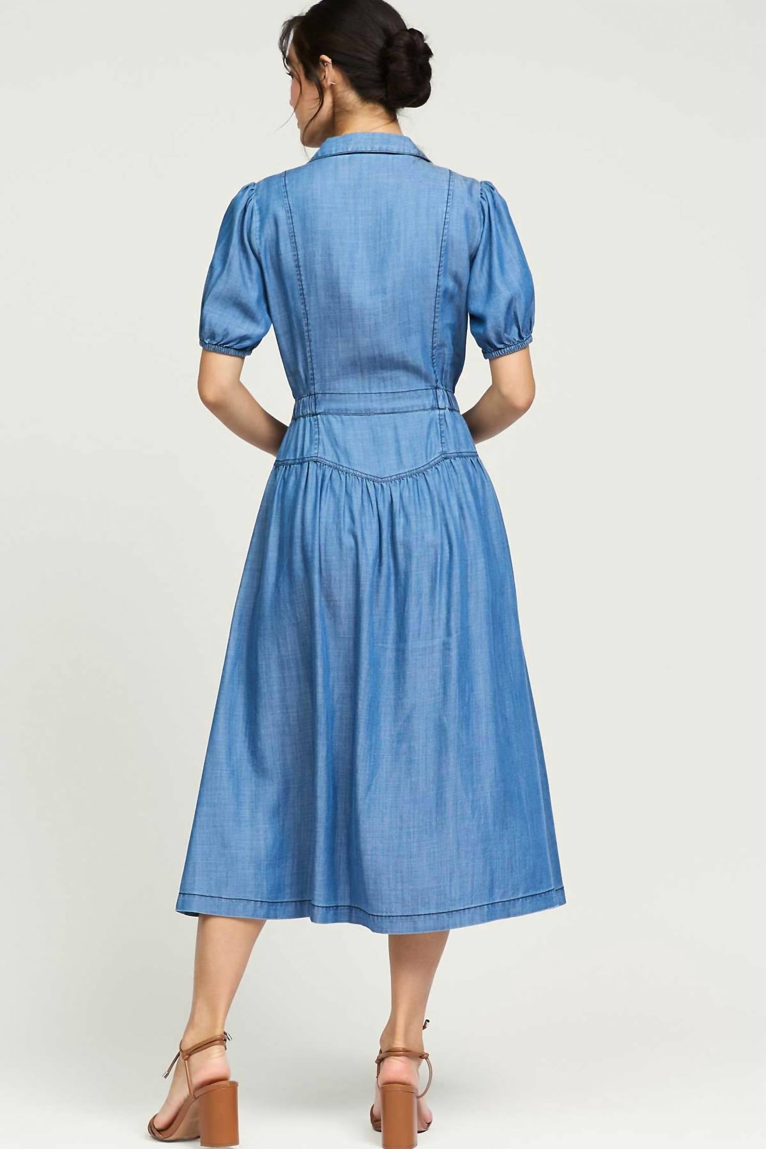 current air Chambray Button Front Midi Dress in blue - women's dress - detail view