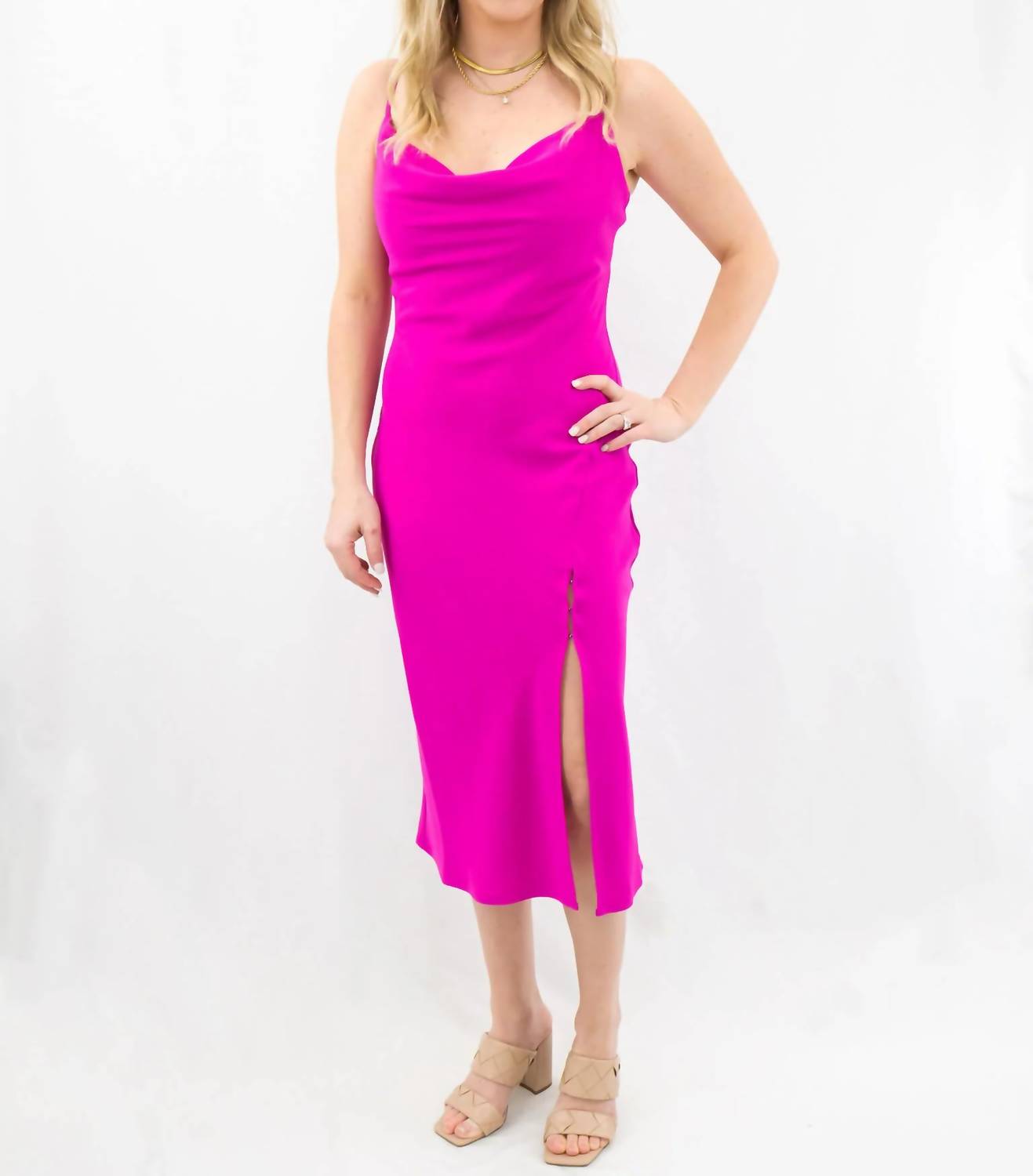 Tcec - Sleek Bright Cowl Neck Slip Dress