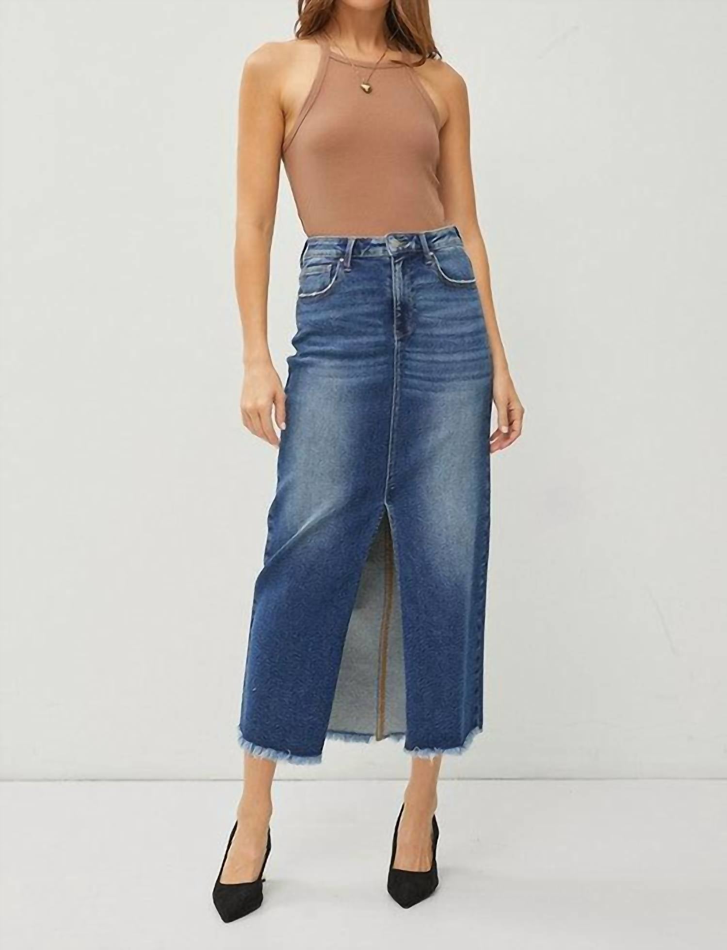 Risen - Super Stretchy High Rise Long Denim Skirt