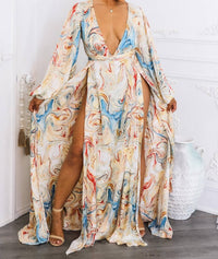 Surelymine - Marble Swirl Kimono Maxi Dress With Slits Boho Resort Style