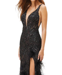 Amarra - Feathered Sequined Evening Gown