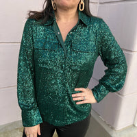 Voy - Double Pocket Collared Sequin Blouse