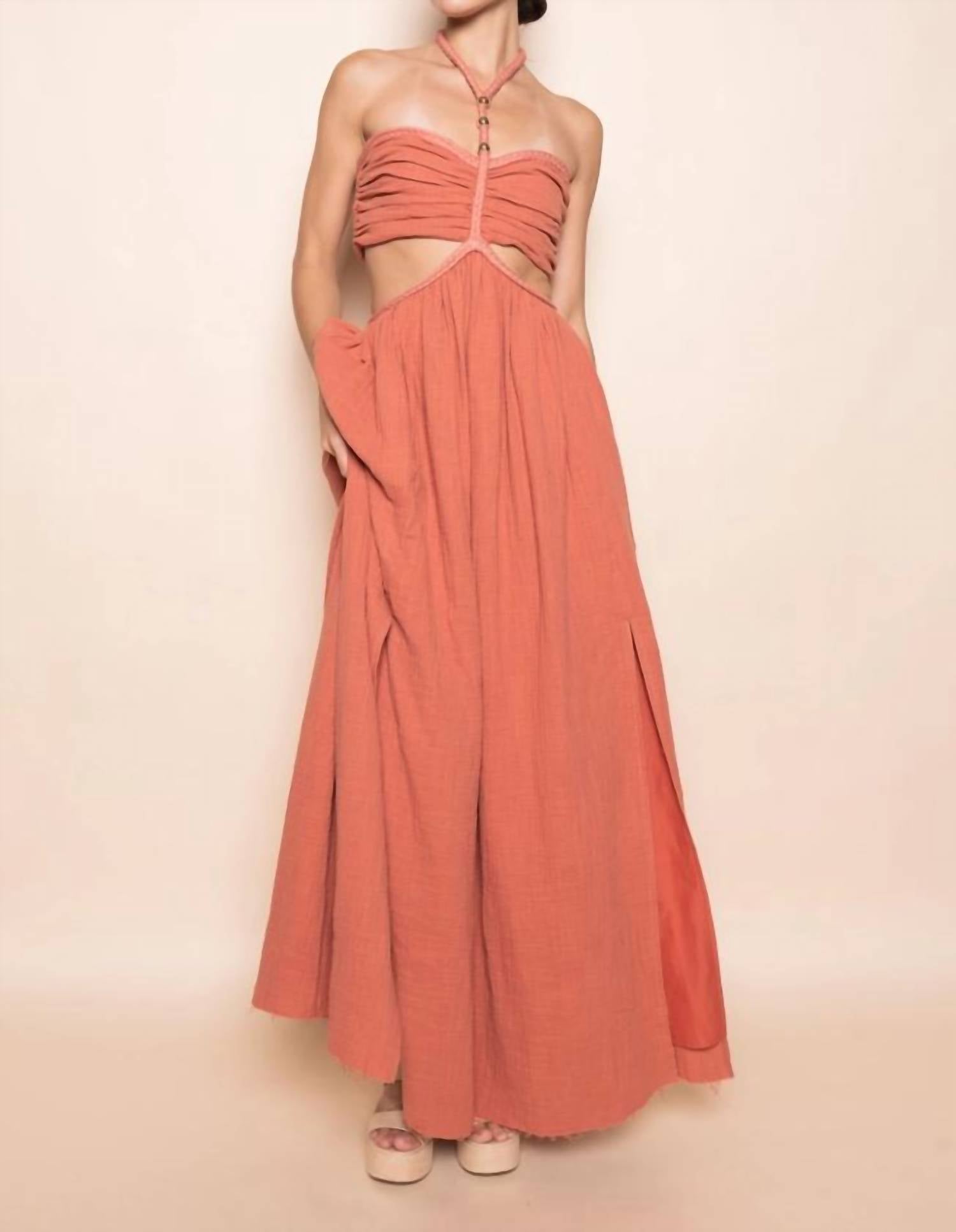 Fore Collection - Braided Strap Gold Beadin Cut Out Waist Maxi Dress