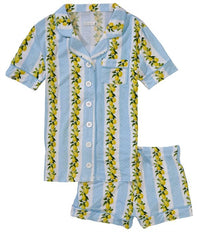 Katie J NYC Girl's Lynn Shorts Lounge Pajama Set in lemon print - kids' sleepwear - detail view