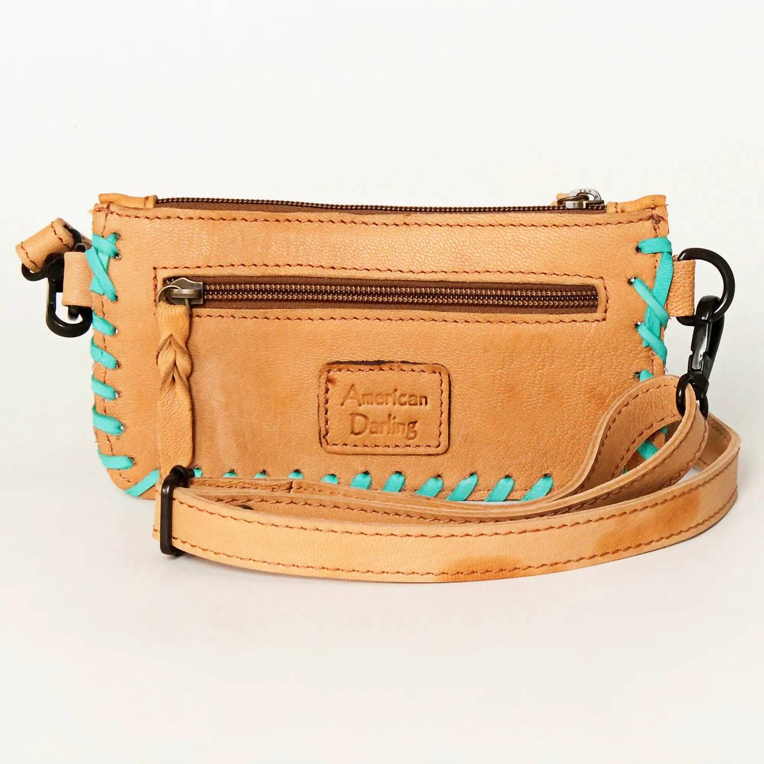 American Darling - Women's Tooled Leather With Cowhide Stitch Crossbody Bag