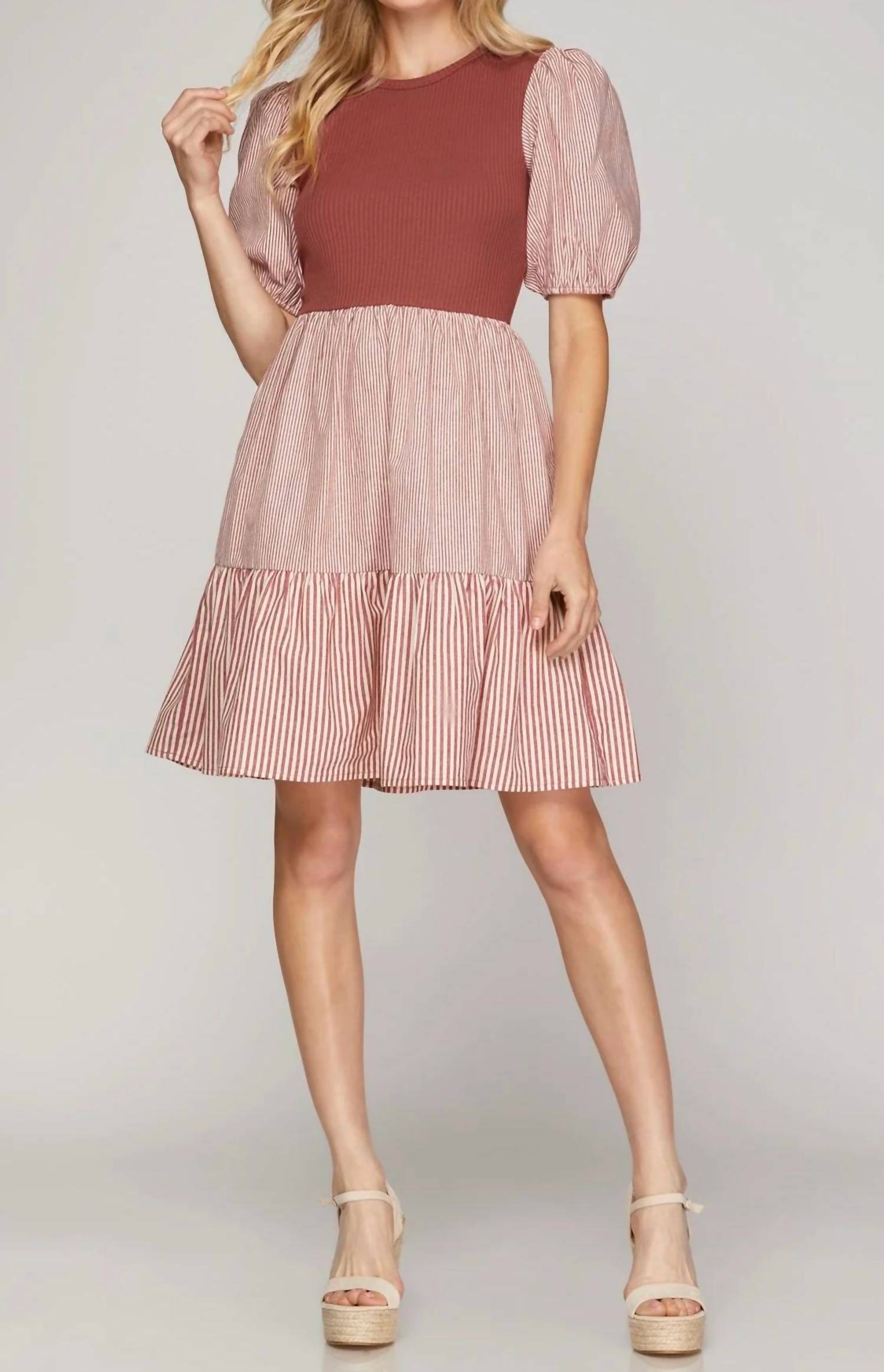 She + Sky - Ribbed And Striped Mini Dress