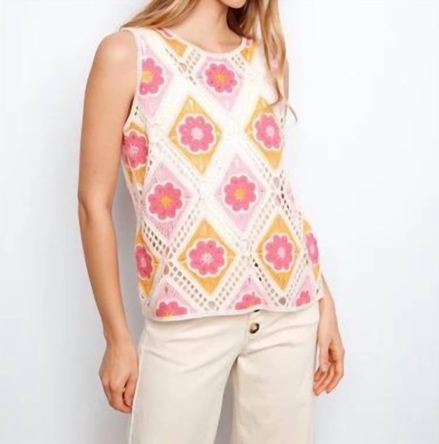 CHARLIE B Floral Sleeveless Crochet Cotton Blend Top in apricot - women's tank top - view 10