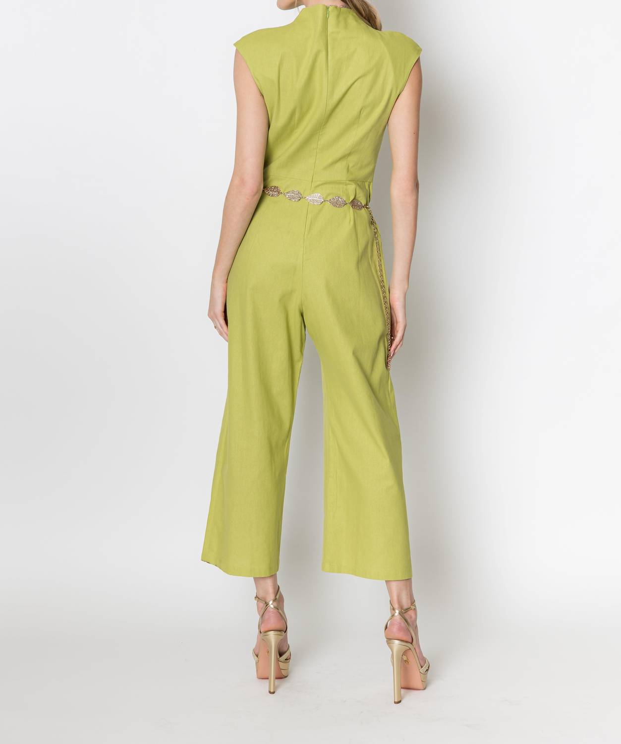 ZETAYE Celeste Linen Cotton Jumpsuit in green - women's pants - detail view