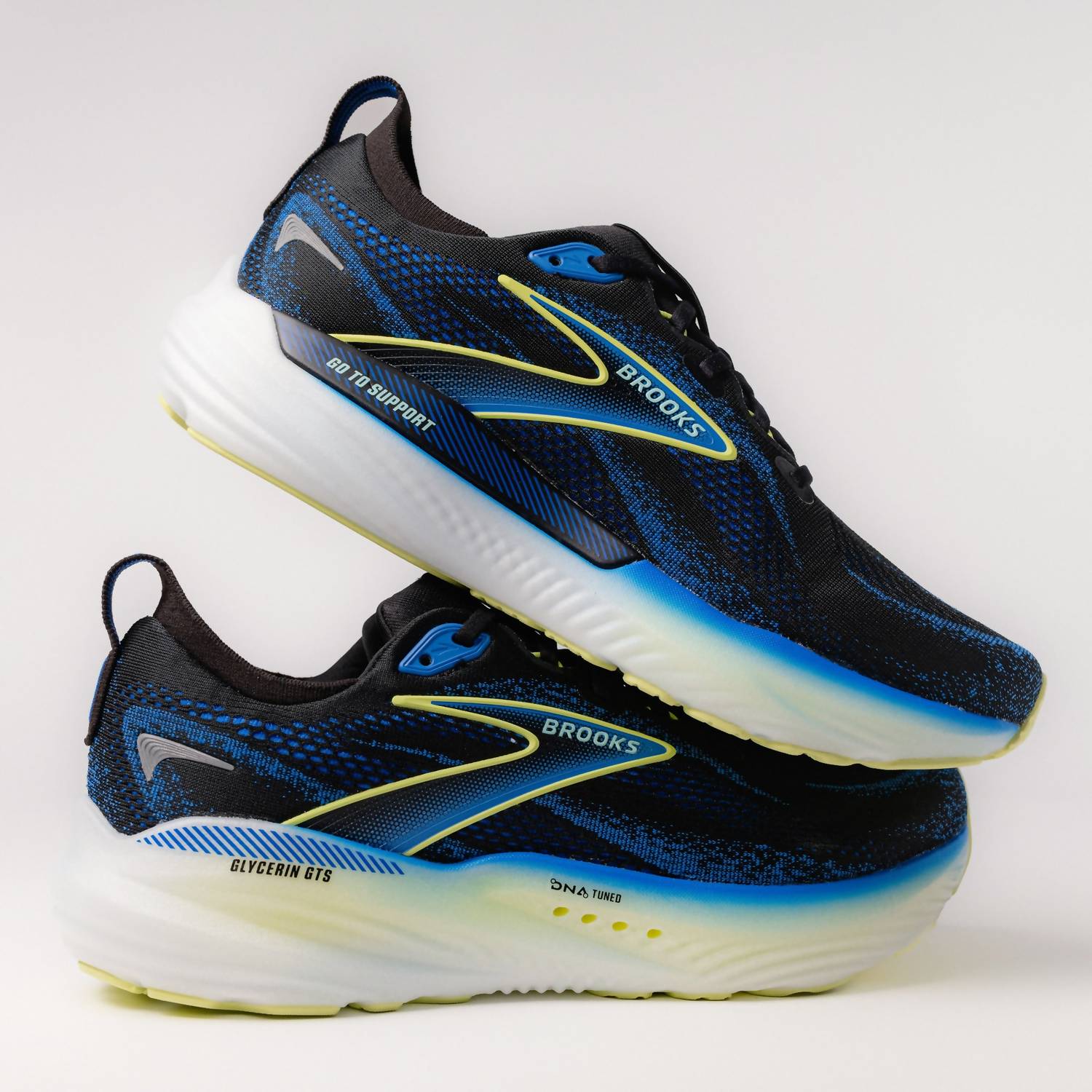 BROOKS Men's Glycerin Gts 22 Running Shoes in black cobalt neo yellow - men's shoe - alternate view