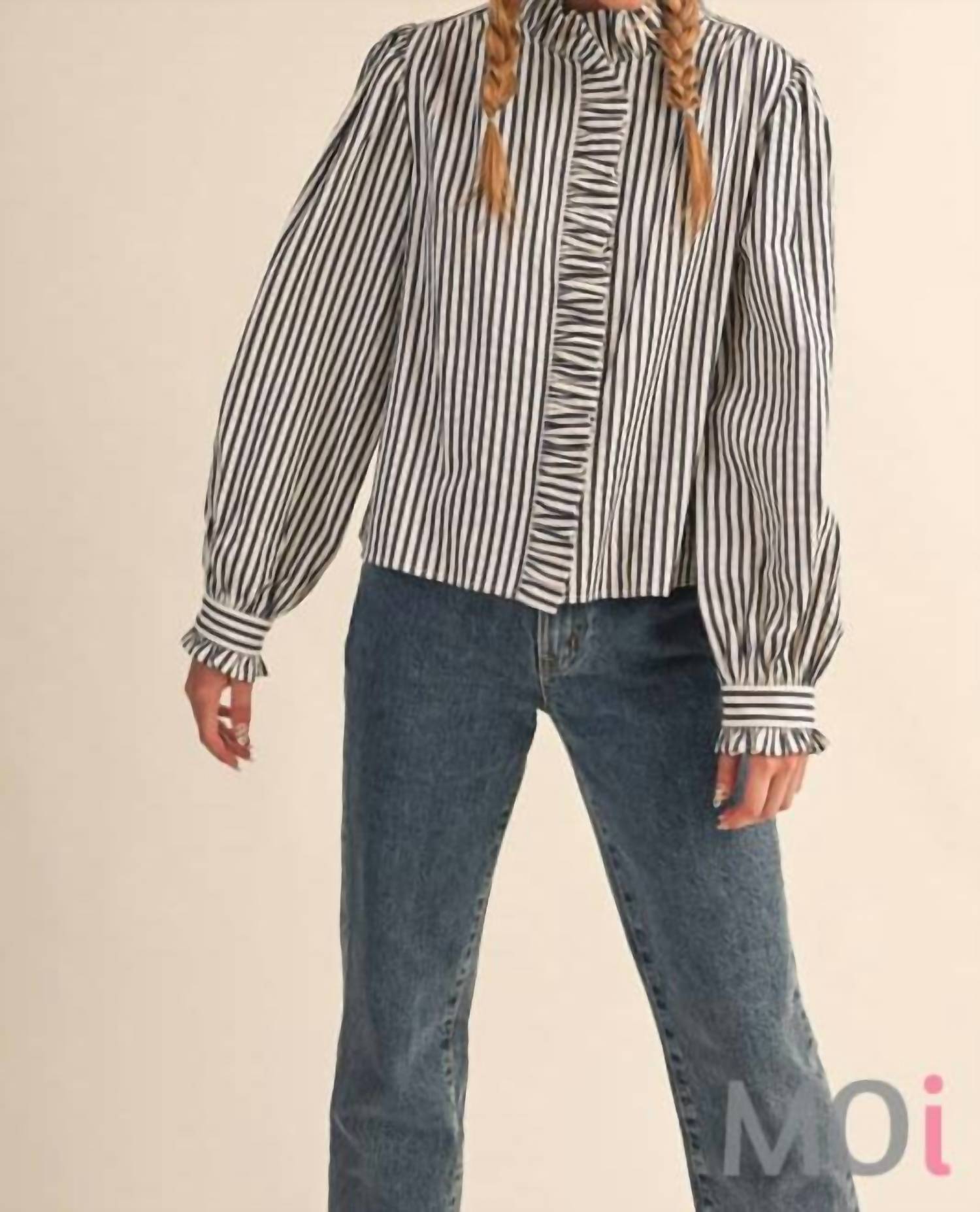 &Merci - Striped Ruffle Button Down Shirt