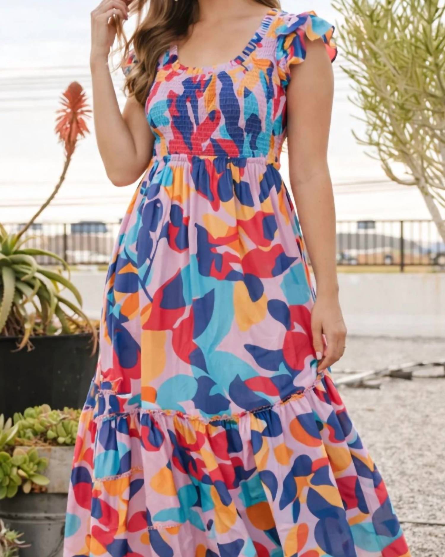 Lime N Chili Sunset Garden Smocked Midi Dress in multi - women's dress - detail view