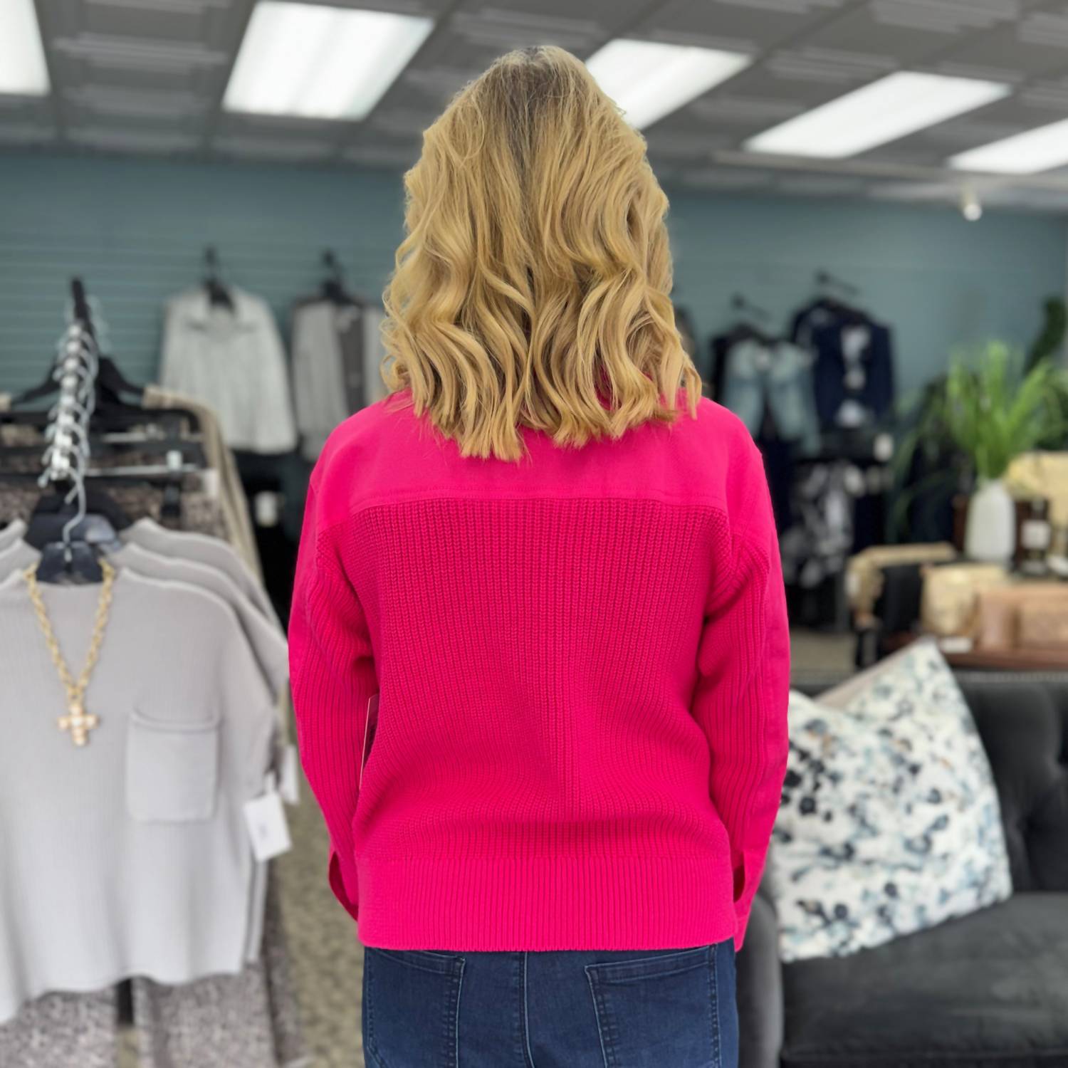 Multiples Cuffed Faux Flap Pocket Button Jean Style Jacket in candy pink - women's jacket - detail view