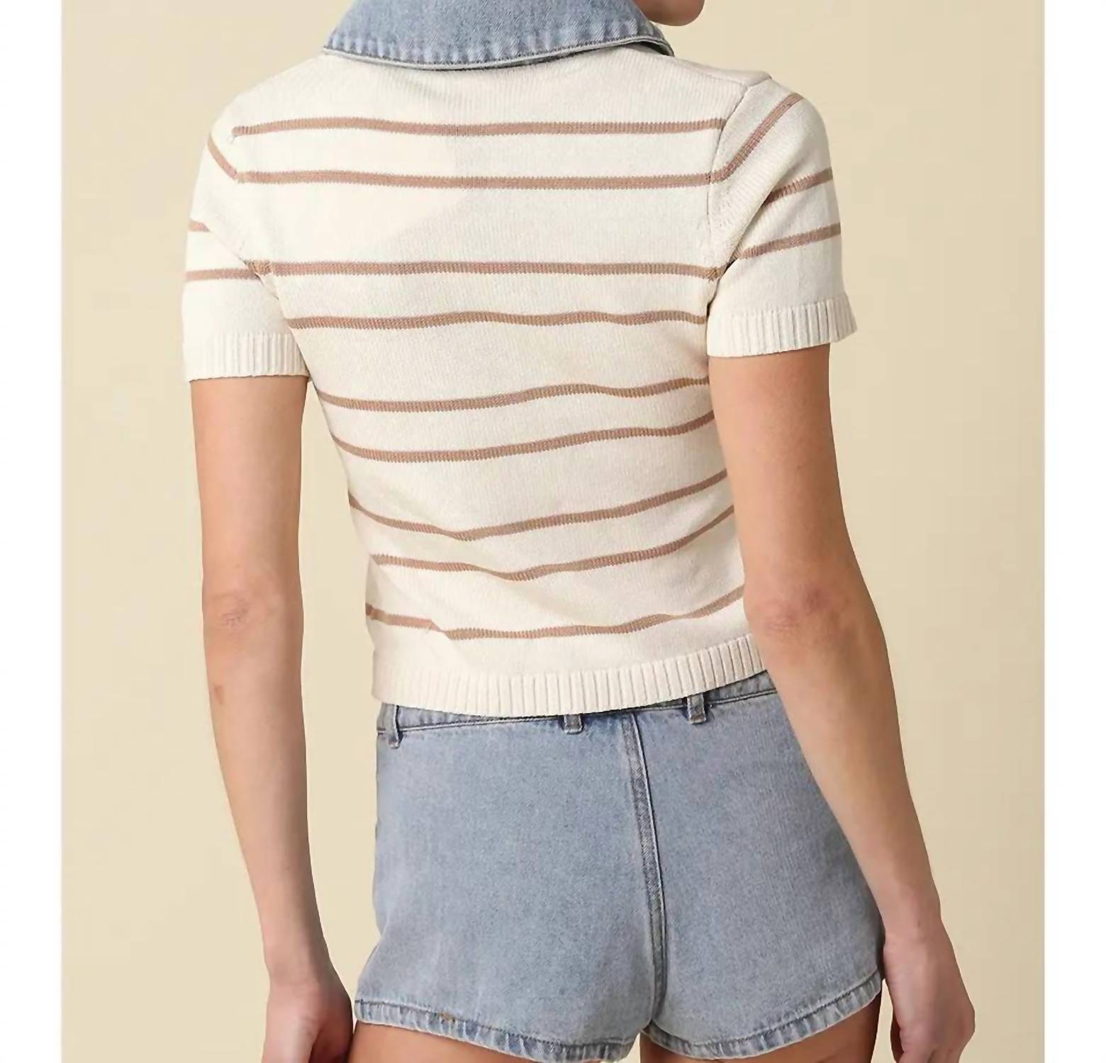 Olivaceous - Leni Striped Contrast Denim Collar Top
