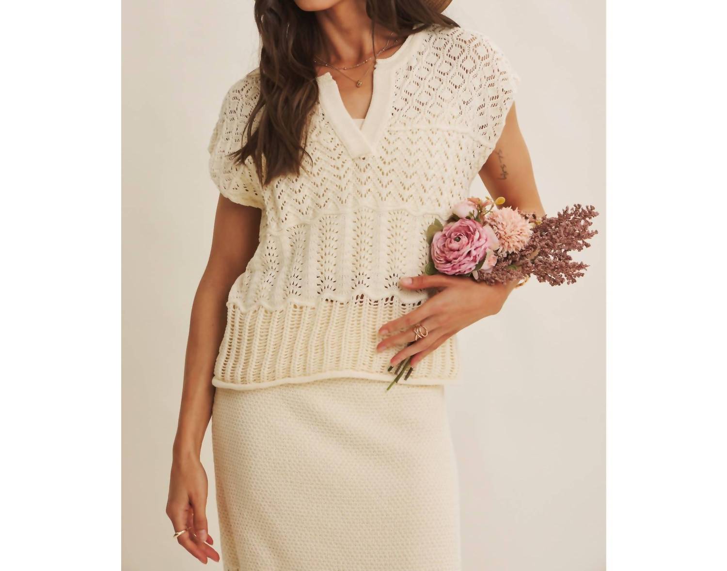In February - Open Knit Pointelle Crochet Sweater