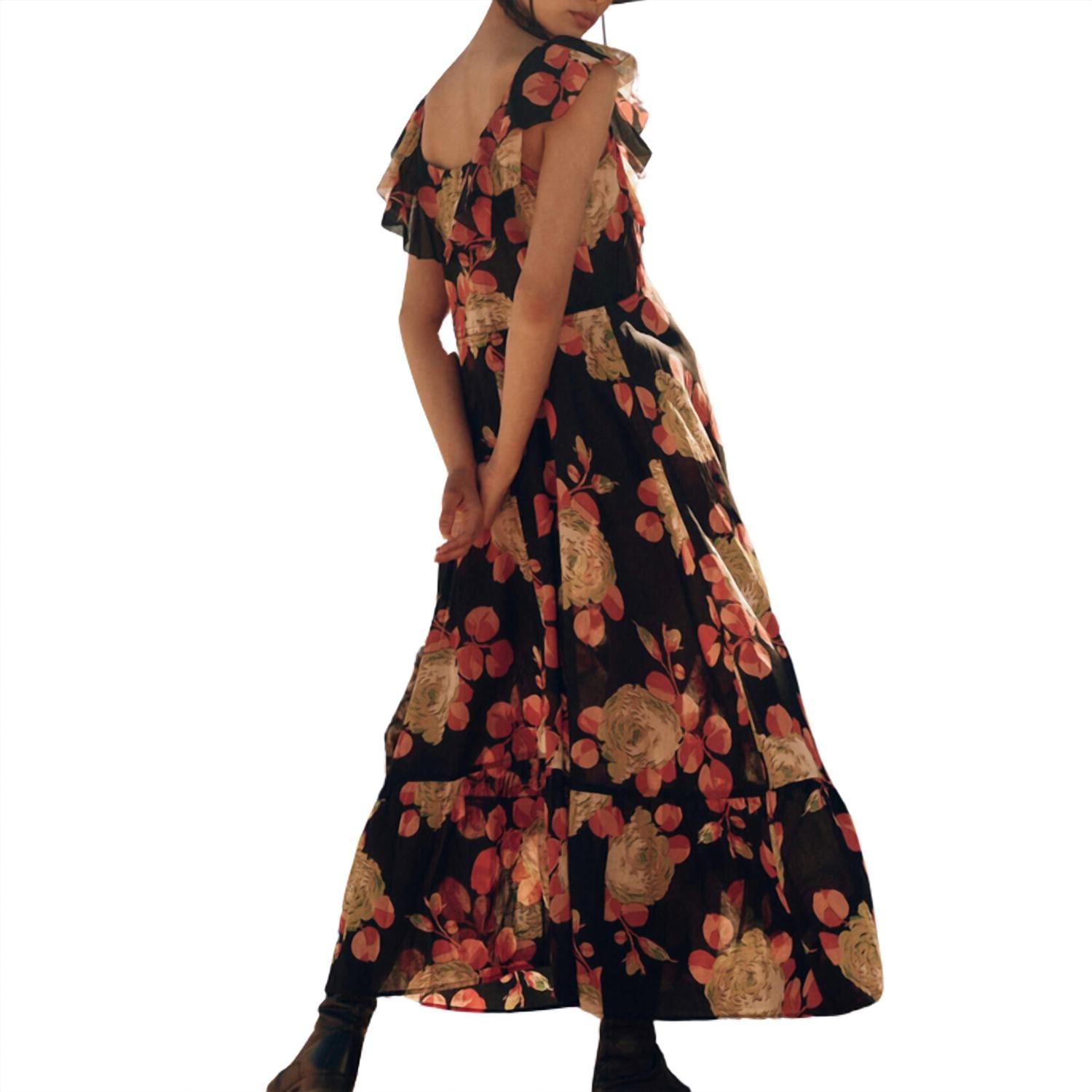 THE GREAT. Women's The Geranium Dress in cabbage rose print - women's dress - detail view