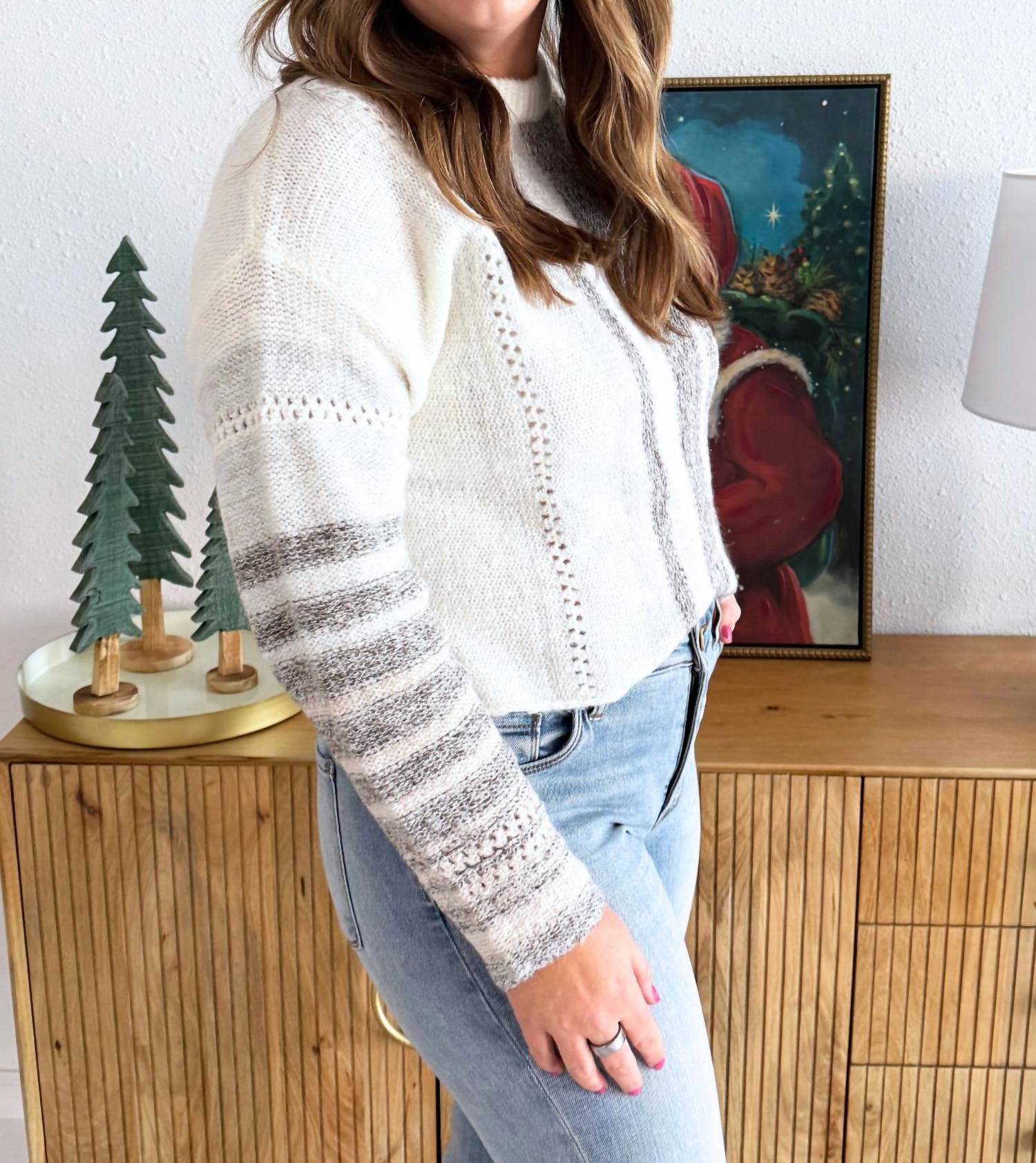 PINCH Contrast Trim Striped Sweater in ivory brown multi - women's sweater - alternate view