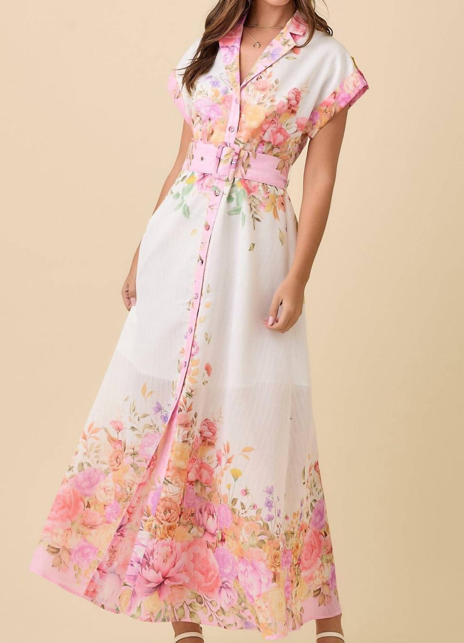 Main Strip - Floral Print Lapel Collar Button Down Maxi Dress