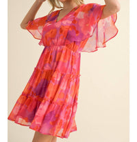 Jodifl - Floral Print Chiffon V-neck Dress With Short Bell Sleeves