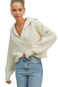 Buttermelon Drama Collar V-Neck Sweater in cream - women's sweater - alternate view