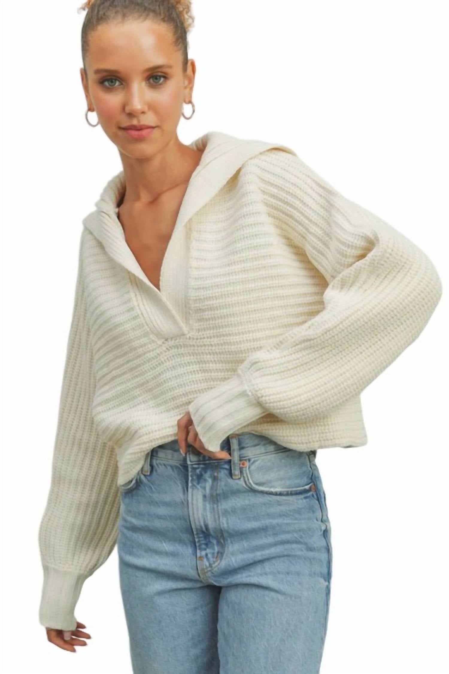 Buttermelon Drama Collar V-Neck Sweater in cream - women's sweater - alternate view