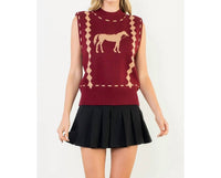 THML Sleeveless Horse Knit Vest in burgundy - women's blouse