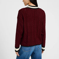 Blu Pepper Varsity Cable Knit Cardigan in burgundy - women's cardigan - detail view