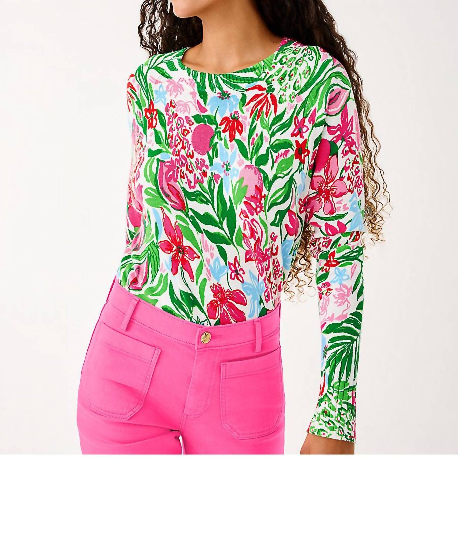 Lilly Pulitzer Salima Crewneck Sweater in glowing gardens - women's sweater - detail view