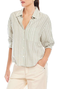 Fifteen Twenty Leighton Ruched Sleeve Shirt Top in sage - women's shirt - detail view