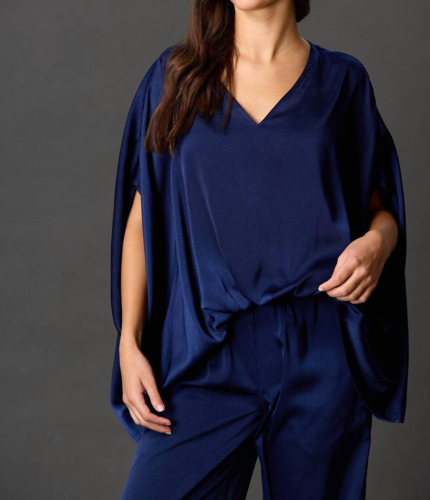 Before You Satin Solid V-neck Elastic Flowy Top in navy - women's blouse