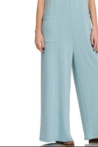 Zenana - French Terry Deep V Neck Jumpsuits