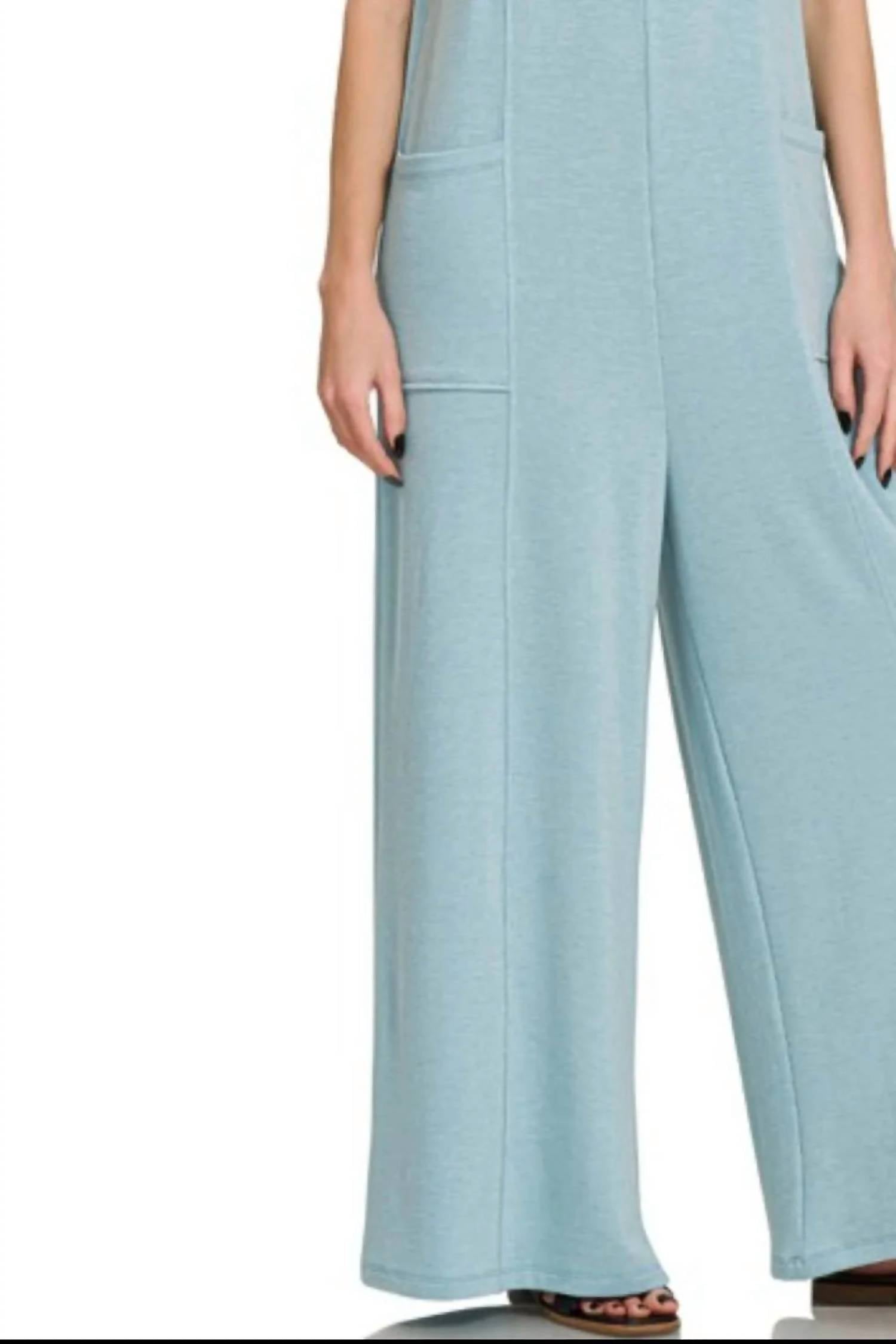 Zenana - French Terry Deep V Neck Jumpsuits