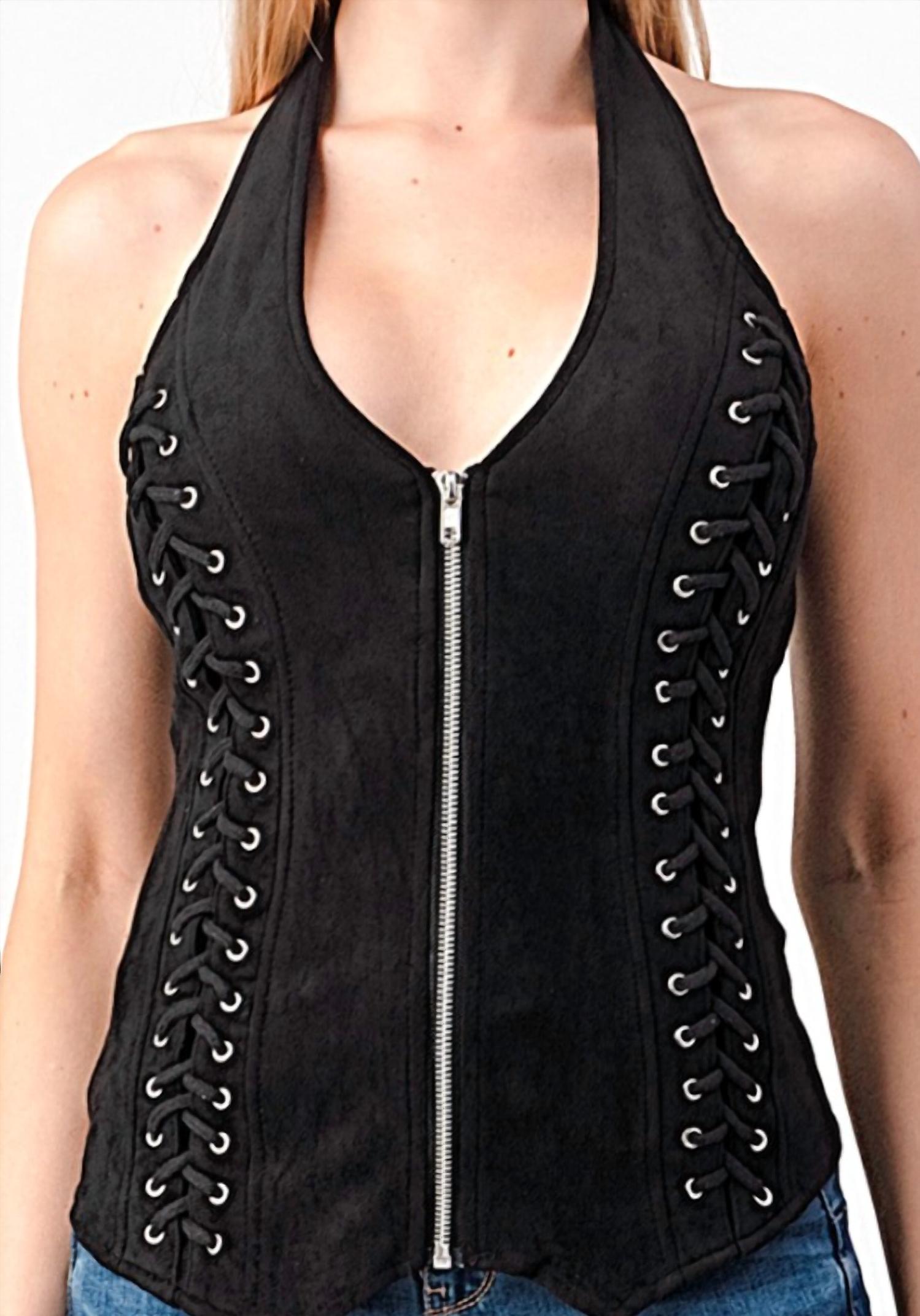 Lydia - Ozark Zipped Up Faux Suede Halter Top