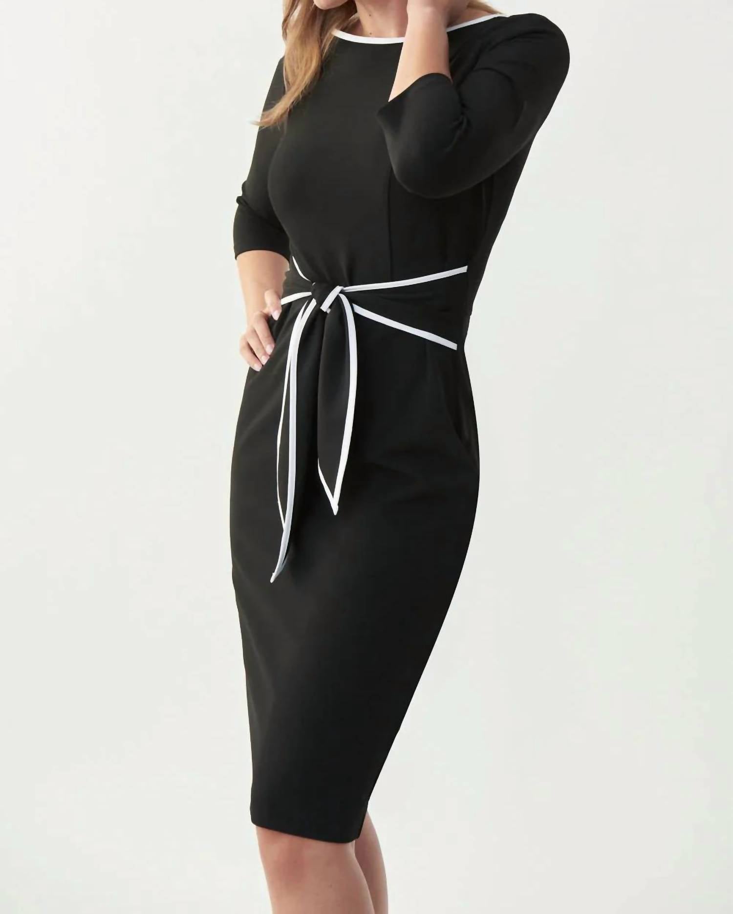 Joseph Ribkoff - Contrast Trim Waist Tie Sheath Dress