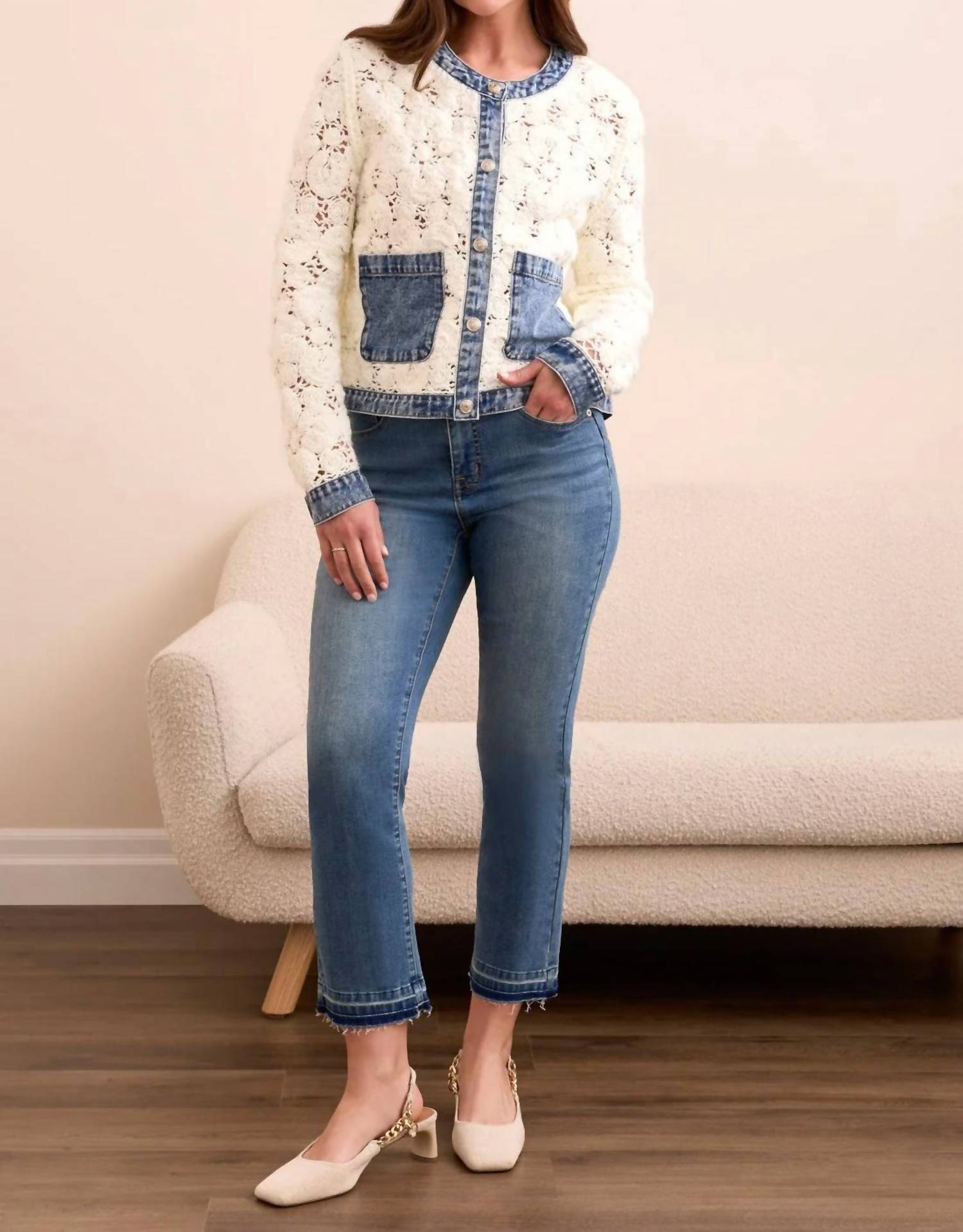 TRIBAL Maven Mixed Media Crochet Jacket in eggshell - women's jacket