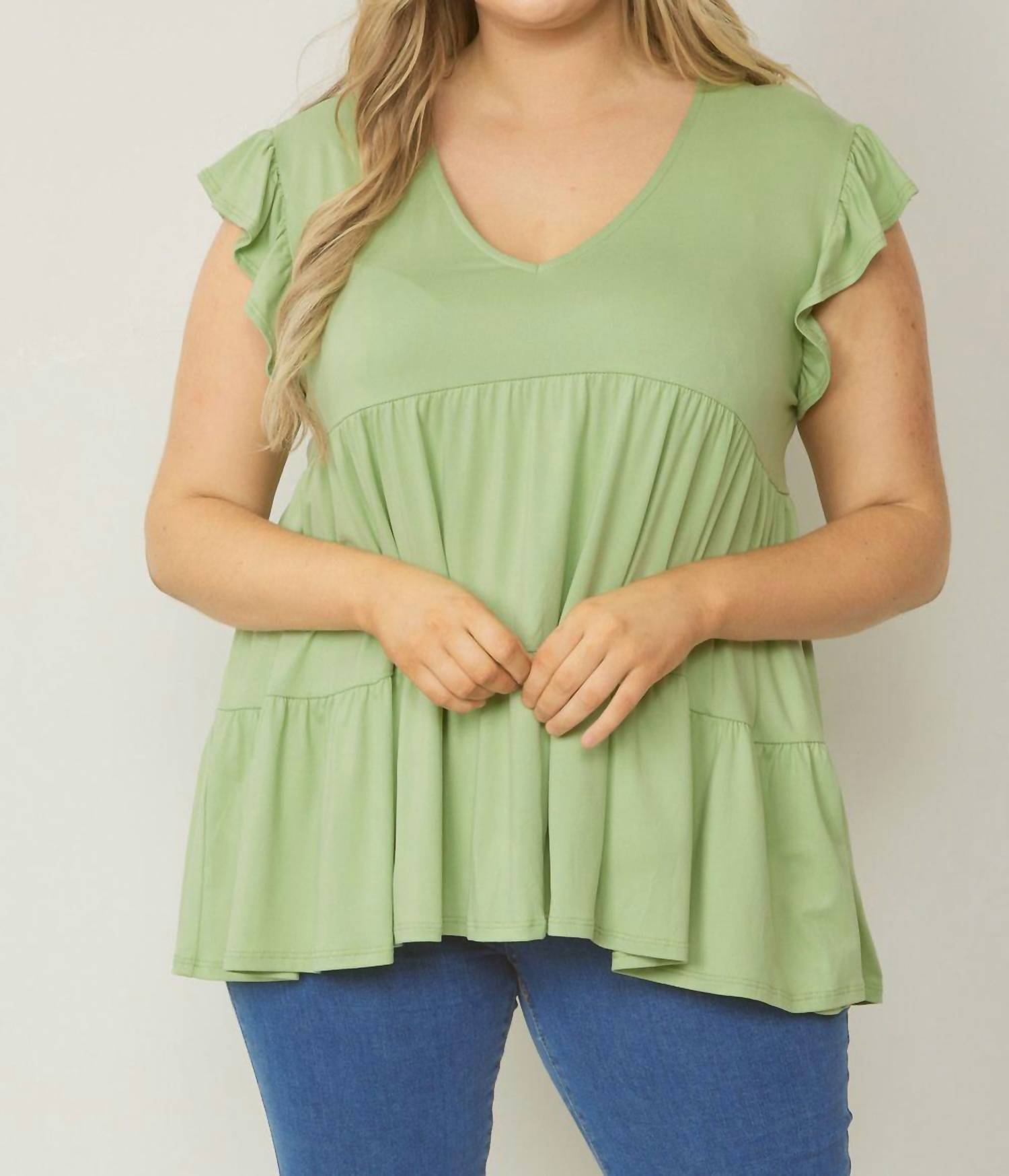 entro Tiered Ruffle Babydoll Top in sage - women's shirt