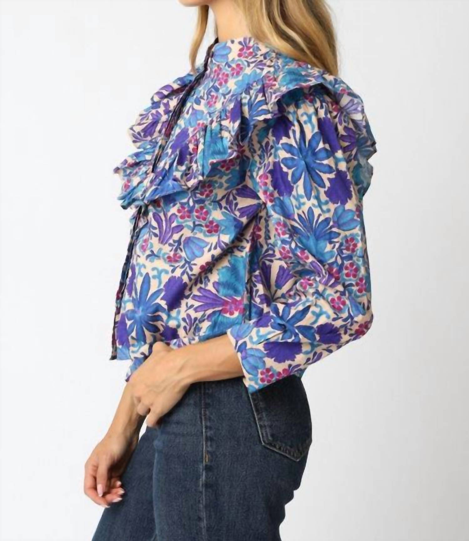 OLIVACEOUS Floral Ruffled Button Down Top in purple - women's blouse - view 5
