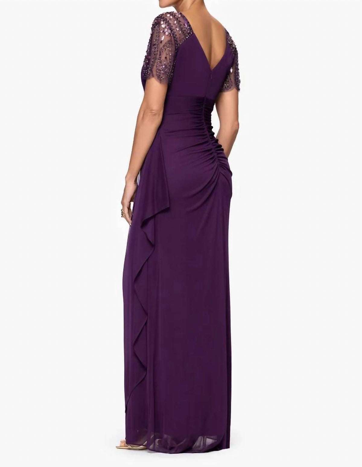 Xscape - Lana Sheer Matte Jersey Beaded Flutter Sleeve Dress