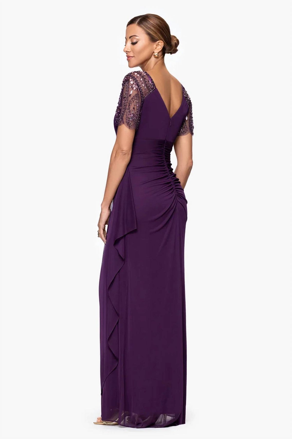Xscape - Lana Sheer Matte Jersey Beaded Flutter Sleeve Dress