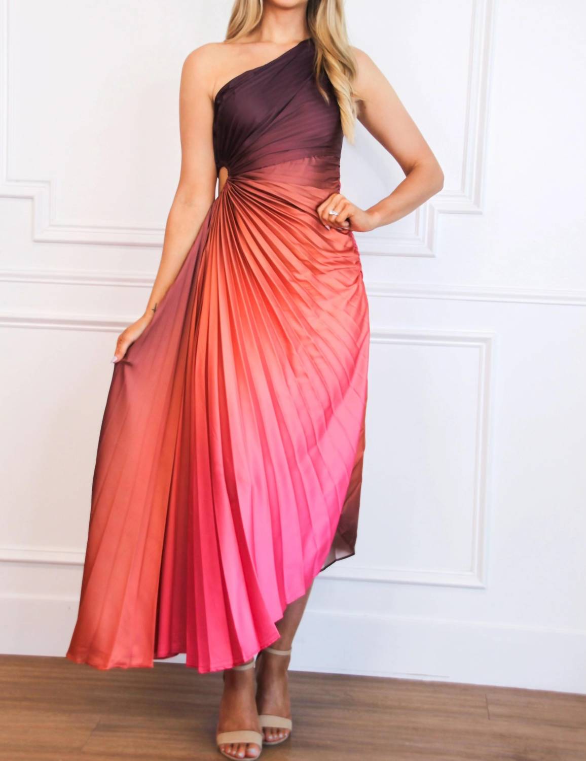 Luxxel - St Tropez Ombre Pleated One Shoulder Maxi Dress