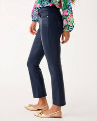 Lilly Pulitzer Liza Coated Crop Flare Jeans in low tide navy - women's jeans - detail view