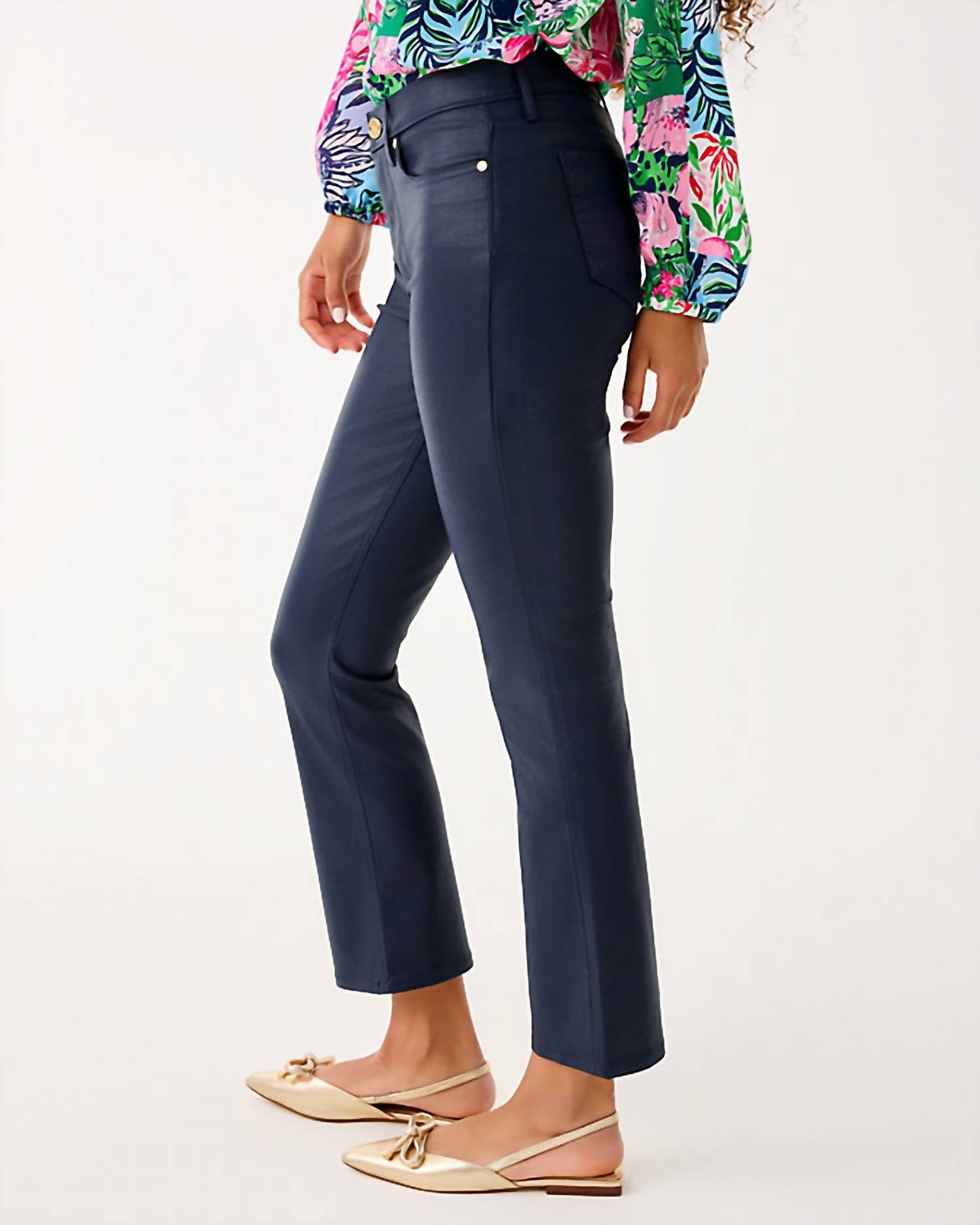 Lilly Pulitzer Liza Coated Crop Flare Jeans in low tide navy - women's jeans - detail view
