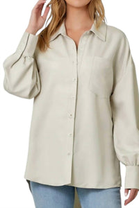 mystree Oversized Button Up Shirt in stone - women's long sleeve top - detail view