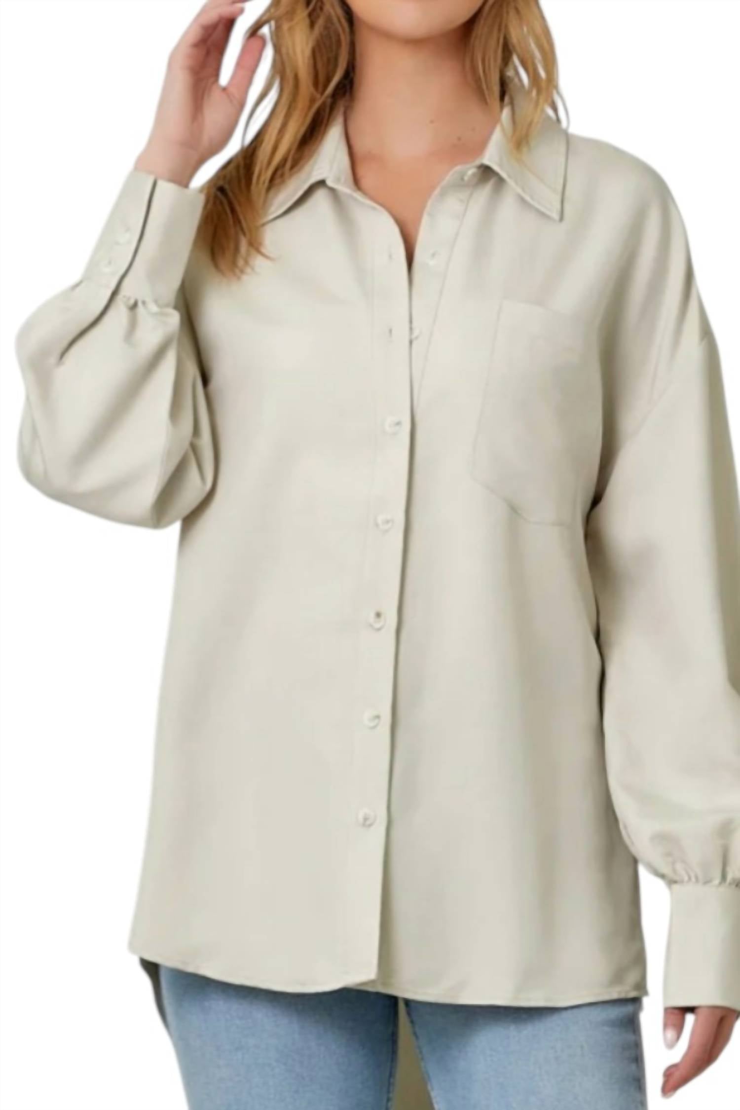 mystree Oversized Button Up Shirt in stone - women's long sleeve top - detail view