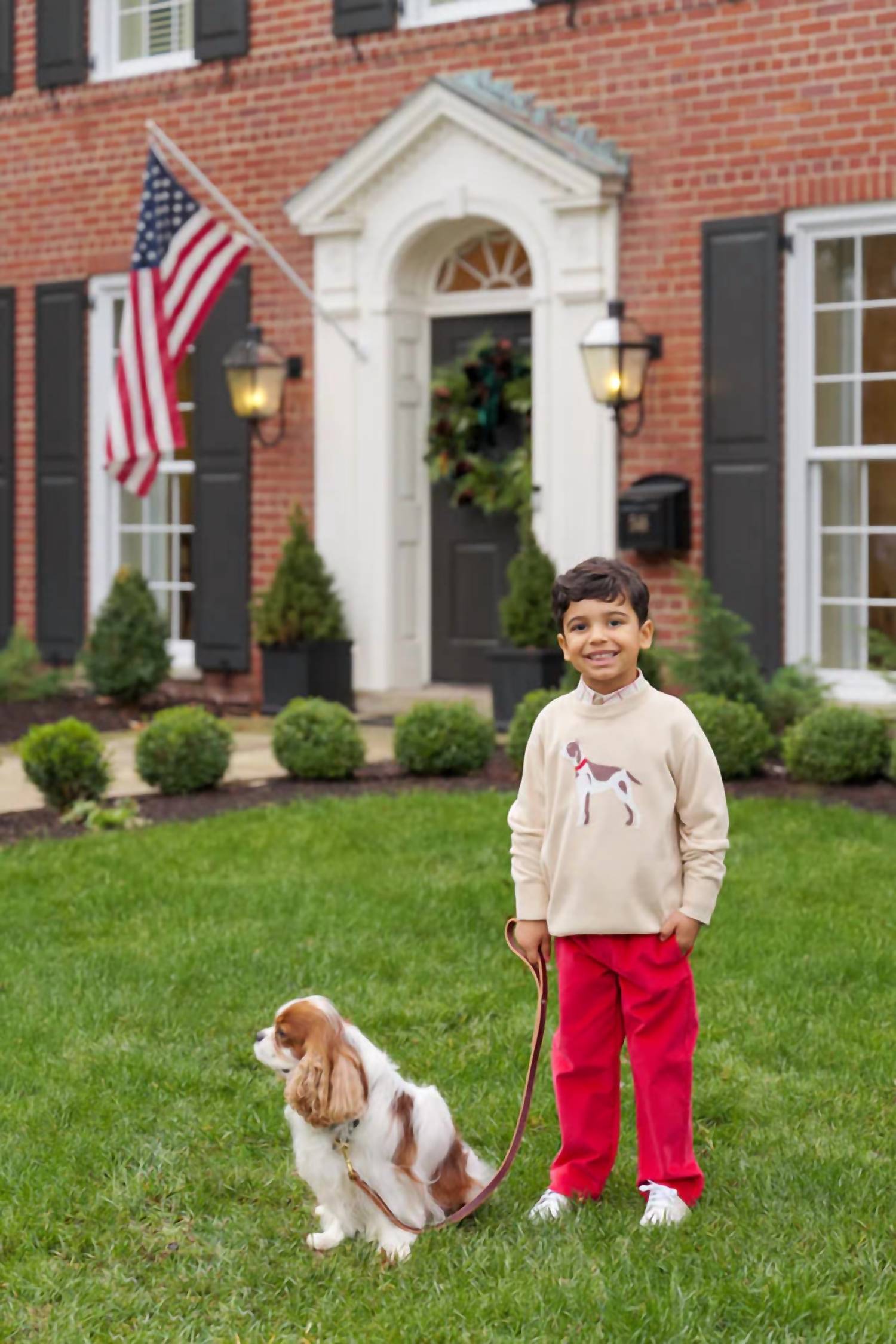 The Beaufort Bonnet Company Boy's Isaac Intarsia Sweater in osprey oatmeal with dog intarsia - kids' sweater - detail view
