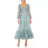 Mac Duggal - V-neck Embroidered A-line Tea Length Dress