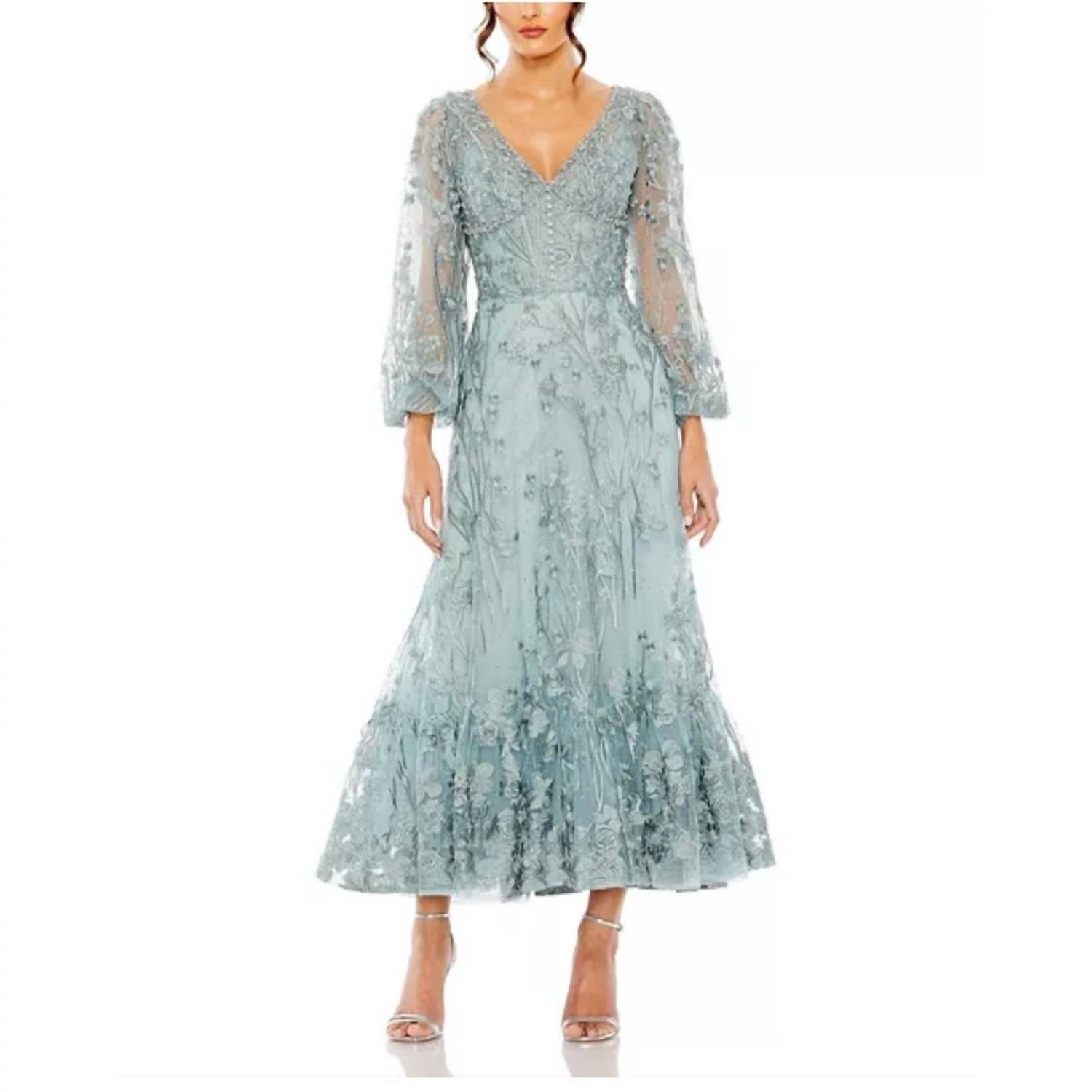Mac Duggal - V-neck Embroidered A-line Tea Length Dress