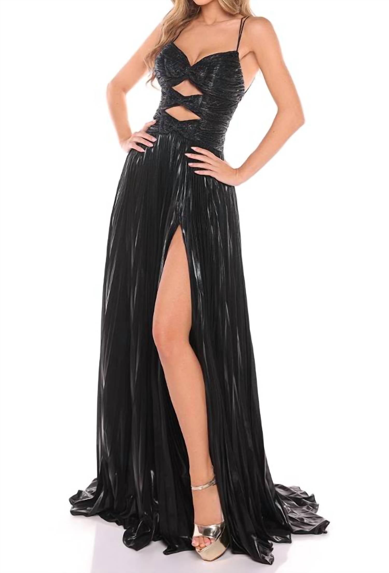 AMARRA Metallic Cutout A-line Slit Gown in black - women's dress