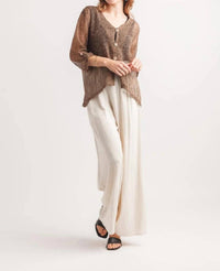 Papillon - Wooden Buttons & Tab Sleeve Mesh Top