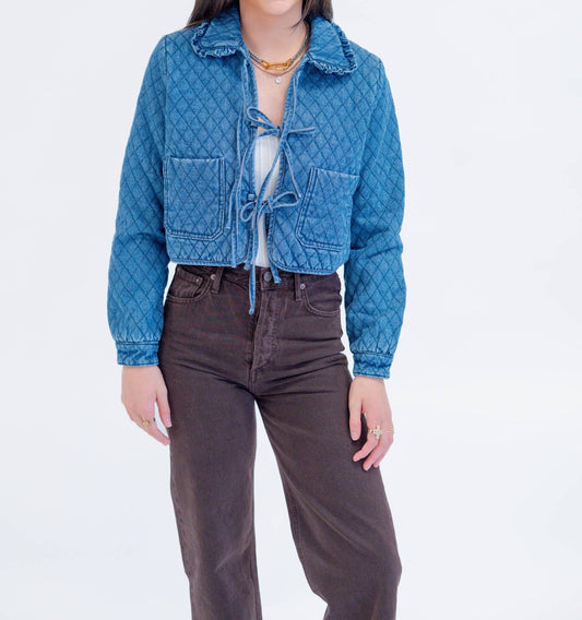 So Me - Ruffle Collared Denim Quilted Jacket