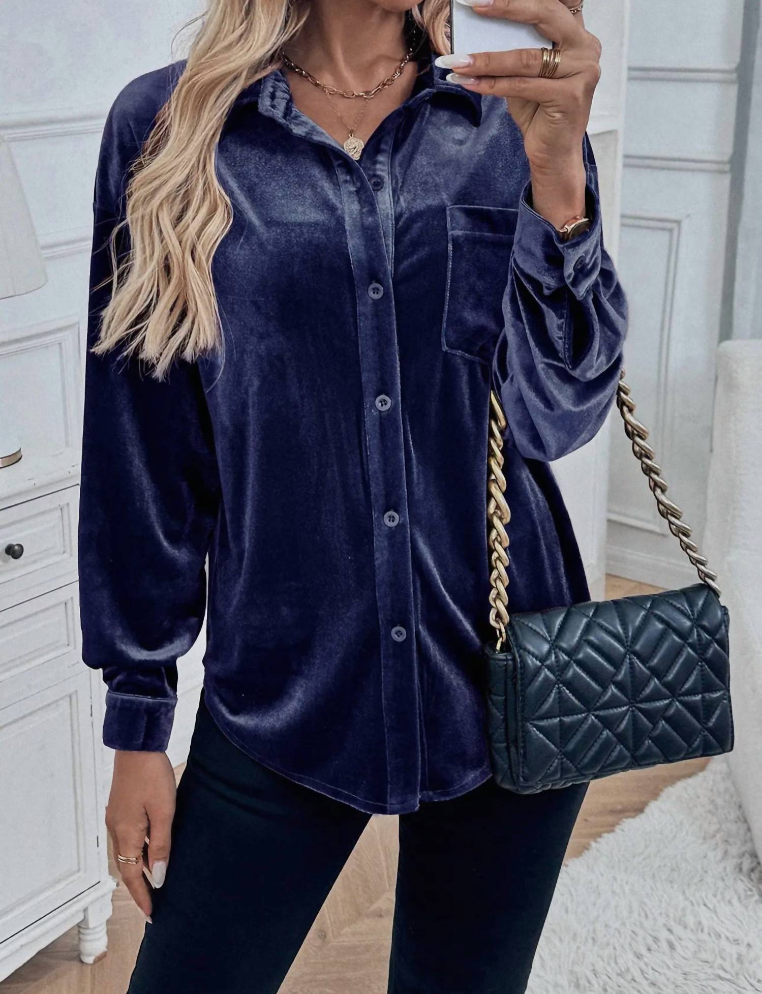 Lovesoft Velvet Luxe Shirt in navy - women's shirt - detail view